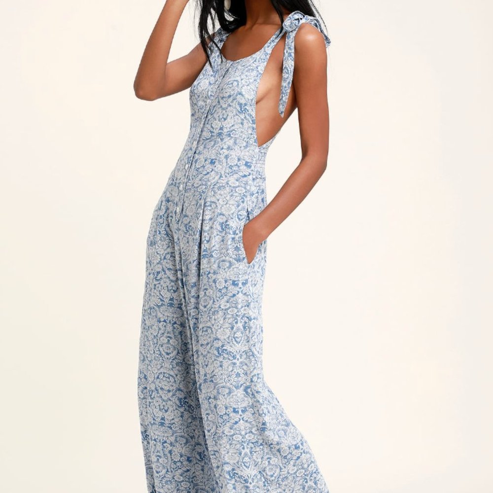 FREE PEOPLE Sugar Sands Blue Print Wide-Leg Overalls - Blue and White XS